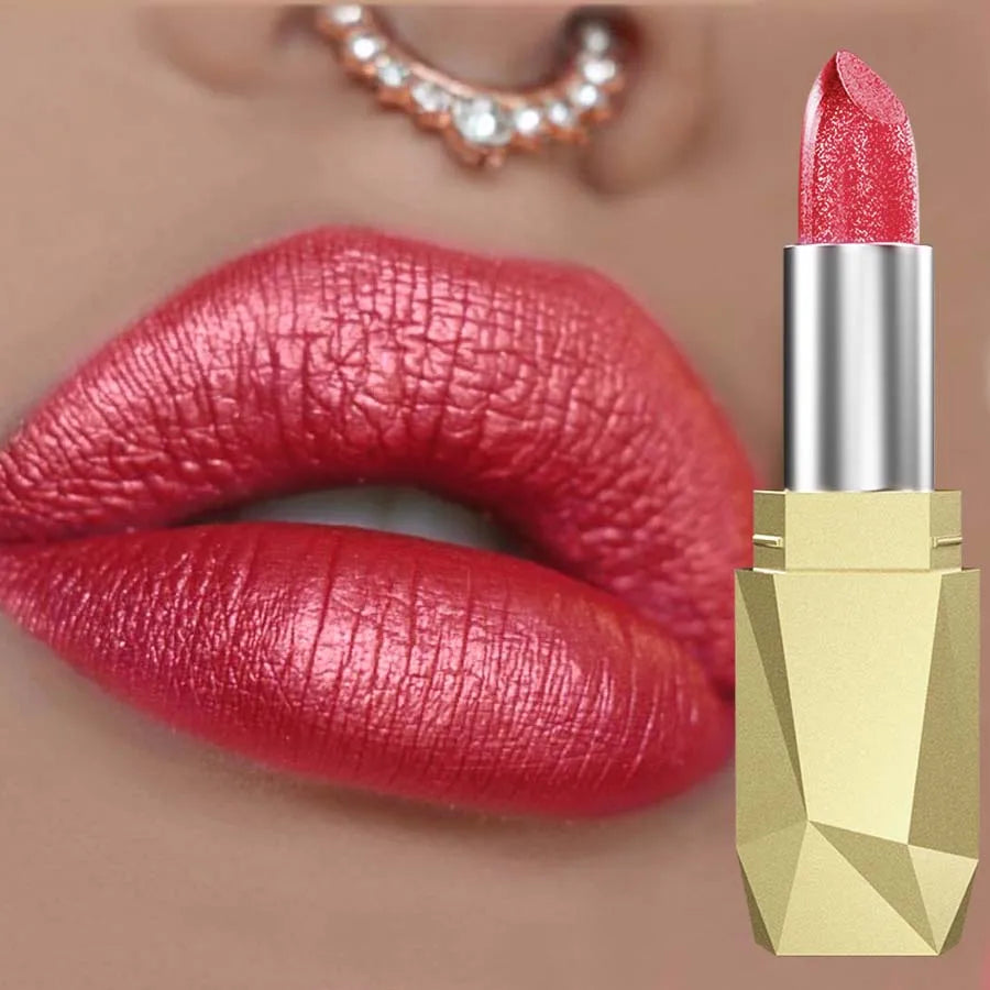 Red Metallic Lipstick Glitter Lip   Waterproof Lips Makeup Moisturize
