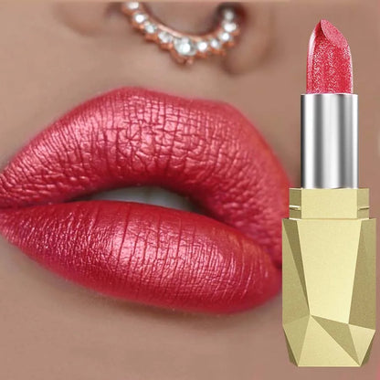 Red Metallic Lipstick Glitter Lip   Waterproof Lips Makeup Moisturize